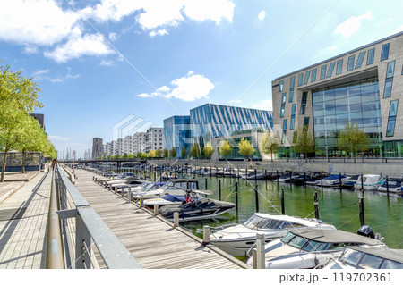 Modern and expensive area in Copenhagen with new luxury houses and a pier for yachts. Modern and expensive area in Copenhagen with new luxury houses and a pier for yachts. 119702361