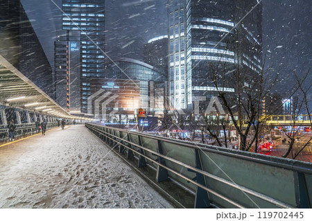 冬の川崎市の都市夜景　雪が降る川崎駅西口の風景【神奈川県】 119702445