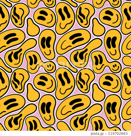 Various melting smileys. Lava lamp, water drops, drug trip style. Hand drawn abstract seamless pattern. 119702663