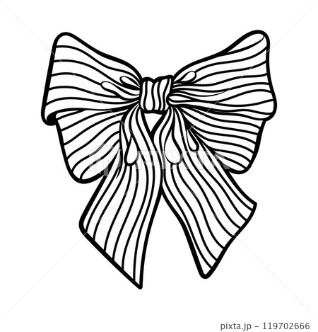 Sketch of lush elegant ribbon bow. Festive sticker, logo, icon, clipart for party. Birthday decorations. Hand drawn illustration. 119702666