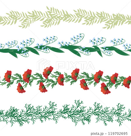 Chamomile horizontal border seamless pattern. Floral seamless border Chamomile horizontal border seamless pattern. Floral seamless border 119702695