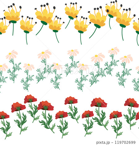 Chamomile horizontal border seamless pattern. Floral seamless border Chamomile horizontal border seamless pattern. Floral seamless border 119702699