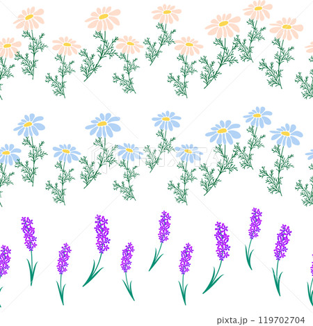Chamomile horizontal border seamless pattern. Floral seamless border Chamomile horizontal border seamless pattern. Floral seamless border 119702704