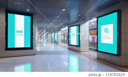 駅通路やショッピングセンター、地下道にあるようなデジタルサイネージ・広告看板 119702820