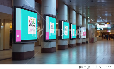 駅通路やショッピングセンター、地下道にあるようなデジタルサイネージ・広告看板 119702827
