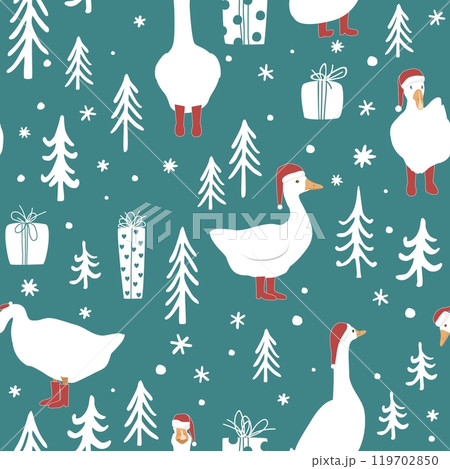 Seamless winter forest pattern with cute geese in Santa Claus hats and red boots. Merry Christmas vector background. Seamless winter forest pattern with cute geese in Santa Claus hats and red boots. Merry Christmas vector background. 119702850