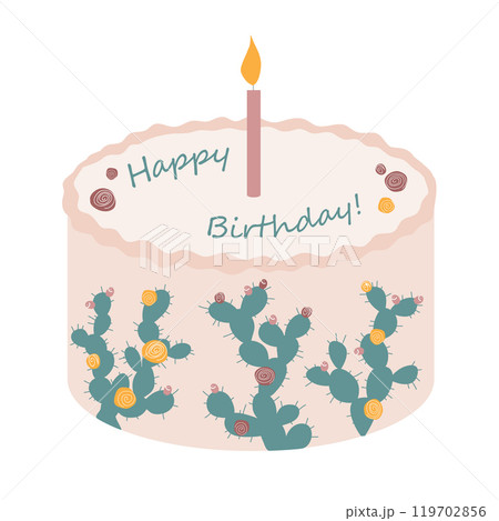 Cute bento cake with prickly pear cactus and one lighting candle. Happy Birthday design element, neutral palette for kids and adults Cute bento cake with prickly pear cactus and one lighting candle. Happy Birthday design element, neutral palette for kids and adults 119702856