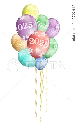 Garland of realistic Inflatable new year balls with inscription 2025. Holiday greeting card decorative element. Realistic color vector Garland of realistic Inflatable new year balls with inscription 2025. Holiday greeting card decorative element. Realistic color vector 119702910