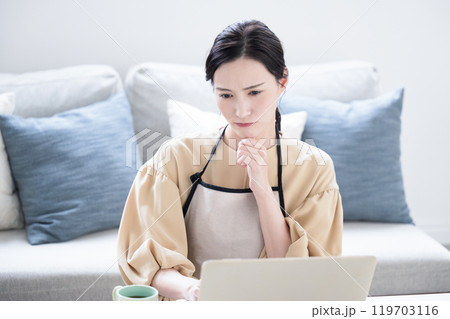 パソコンで家計簿などつける悩む考える困る主婦のネガティブイメージ コピースぺースあり パソコンで家計簿などつける悩む考える困る主婦のネガティブイメージ コピースぺースあり 119703116