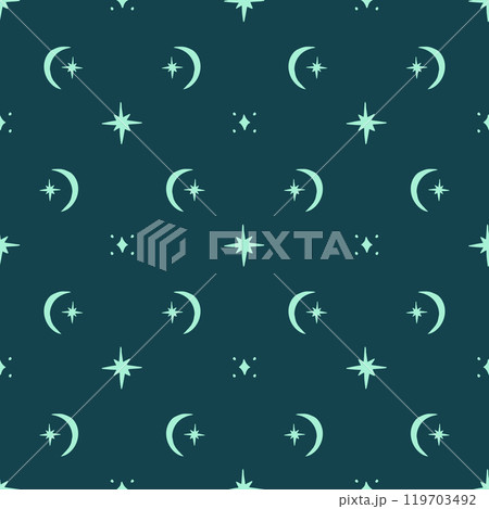 Teal seamless pattern with celestial motifs. Stars and moons background. Teal seamless pattern with celestial motifs. Stars and moons background. 119703492