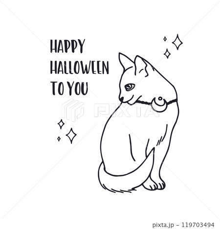 Card or poster with cute black and white Halloween witchy black cat Card or poster with cute black and white Halloween witchy black cat 119703494