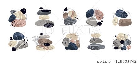 Abstract compositions made of pebbles. Rounded smooth stones from coast, contemporary minimal art, different textures, botanical doodle elements, cartoon flat isolated tidy vector set 119703742