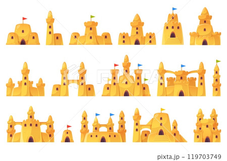 Cartoon sand castles. Summer beach kids games, seashore childish building constructions, sandbox object, fortress with towers, decorative elements for cards and posters, vector isolated set 119703749
