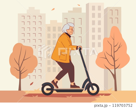 Elderly woman on electronic scooter rides in city. Senior uses gadget outdoor, modern pensioner uses ecological transport. Happy character cartoon flat style isolated vector concept 119703752