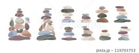 Pyramids made of pebbles. Balanced structures made up of smooth zen stones, rounded shapes, different textures and sizes. Smooth stony surface. Harmony and calm. Cartoon flat tidy vector set 119703753