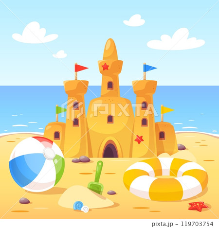Sand fortress with towers. Kids games, summer beach childish activity, funny castle with inflatable toys and plastic shovels, travel flyer design, cartoon flat isolated vector concept 119703754