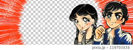 昭和復古漫畫風格寬幅插畫男女穿著校服和飽和線語音氣泡背景 昭和復古漫畫風格寬幅插畫男女穿著校服和飽和線語音氣泡背景 119703838