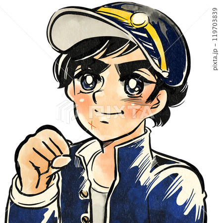 昭和のスポコン少年漫画風ガッツポーズをするヤンキー中学生のポートレートカラーイラスト 119703839