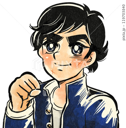 昭和のスポコン少年漫画風ガッツポーズをするヤンキー中学生のポートレートカラーイラスト 119703840