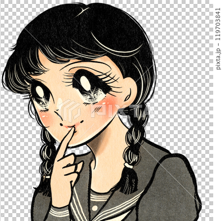 一個可愛的昭和漫畫風格的高中女孩的肖像插圖，辮子抬頭。 119703841