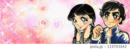 昭和レトロ漫画風ときめく学生服姿の男女の花園背景ワイドサイズイラスト 119703842