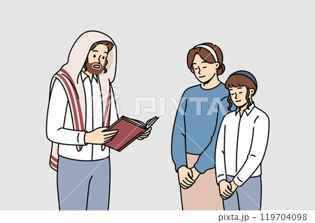 Religious jewish man reads torah to wife and son on eve of hanukkah or passover. 119704098