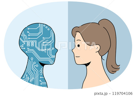 Artificial intelligence in form of silhouette in colors of computer board near woman Artificial intelligence in form of silhouette in colors of computer board near woman 119704106