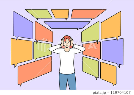 Information overload causes discomfort for woman standing among dialogue bubbles Information overload causes discomfort for woman standing among dialogue bubbles 119704107