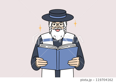Old jewish man reads torah, studying gospel and prayers for shabbat visit to synagogue Old jewish man reads torah, studying gospel and prayers for shabbat visit to synagogue 119704162