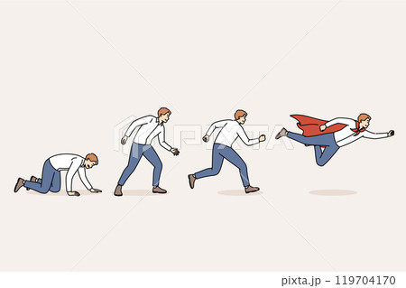 Evolution of business man turning into leader and superhero from crawling loser. 119704170
