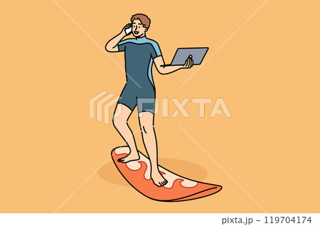 Business man works standing on surfboard, with laptop and mobile phone in hands. Business man works standing on surfboard, with laptop and mobile phone in hands. 119704174