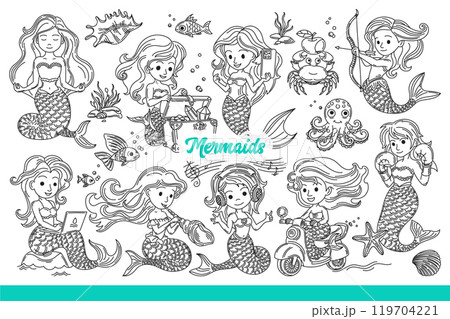 Mermaids with beautiful girl with fish tail who lives at bottom of ocean. Hand drawn. 119704221