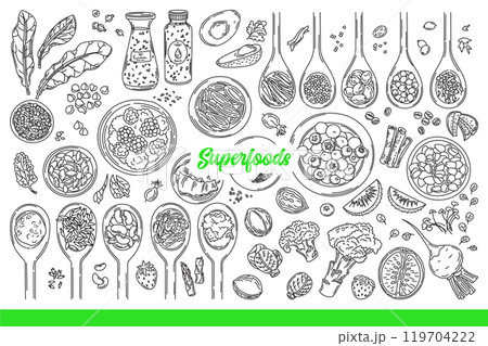 Superfoods for better health, thanks to organic grains or fruits and vegetables. Hand drawn. Superfoods for better health, thanks to organic grains or fruits and vegetables. Hand drawn. 119704222