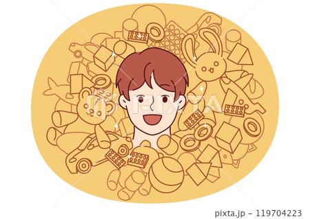 Face of teenager boy among toys and constructor for entertainment or development of child Face of teenager boy among toys and constructor for entertainment or development of child 119704223