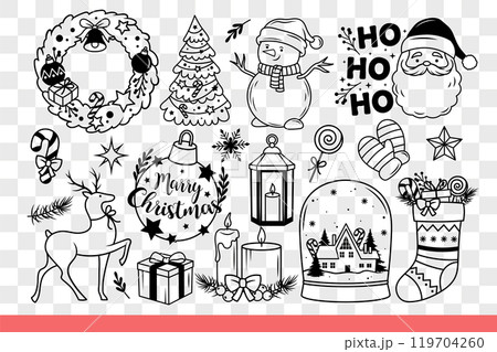 Christmas decorative items to create festive New Year atmosphere in house. Hand drawn. 119704260