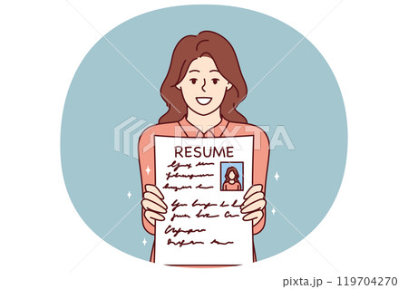 Woman shows resume to find job and smiles, wishing to get vacant position in large corporation 119704270