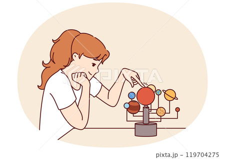 Little girl is studying solar system and location of planets in space, wanting to become astronomer Little girl is studying solar system and location of planets in space, wanting to become astronomer 119704275