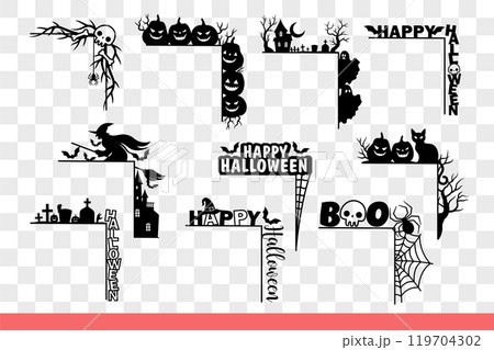 Halloween decorations on corners and frames for photos or cards with scary elements. Hand drawn. 119704302