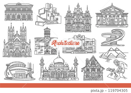 Architectural landmarks and world-famous buildings built in ancient times or today. Hand drawn. 119704305