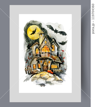 Castle with ghosts on night of Halloween celebrations October 31 on print. Watercolor artwork 119704360