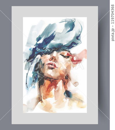 Glamorous woman in lady hat closes eyes and raises chin on poster. Watercolor artwork Glamorous woman in lady hat closes eyes and raises chin on poster. Watercolor artwork 119704368