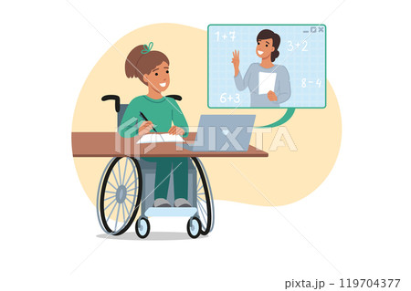 Inclusive education for teenage girl sitting in wheelchair during online math lesson 119704377