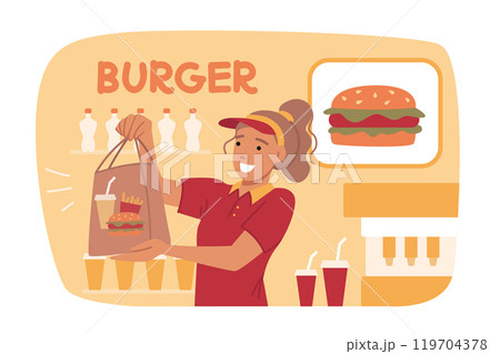 Woman sells burgers in fast food cafe, stands behind counter and holds bag of ready-made lunch 119704378
