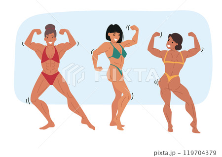 Women bodybuilding competition, with models showing off muscular bodies and big biceps 119704379