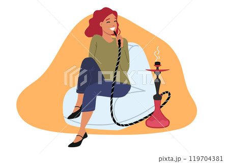 Woman smokes hookah, sits on pad in bar and relaxes after work, enjoying idleness 119704381