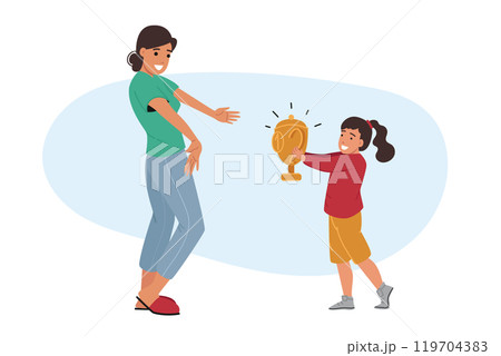 Little girl brings trophy to happy mother rejoicing at child success in education or school 119704383