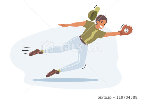 Man playing baseball catches ball and jumps to protect goal and avoid losing in sports game 119704389