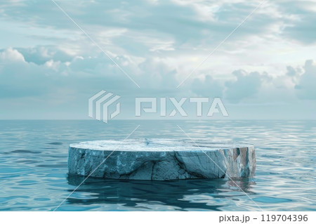 A huge piece of ice is slowly floating in the very middle of the ocean. AI-generated content. 119704396