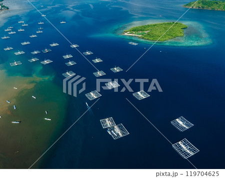A lot of Fishing boats in ocean on Sumbawa. Aerial view. 119704625