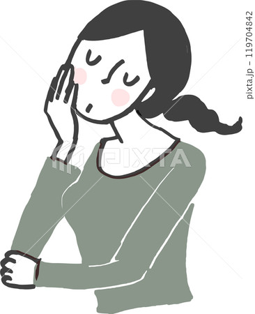 頬杖をつき考え事をする女性。 頬杖をつき考え事をする女性。 119704842